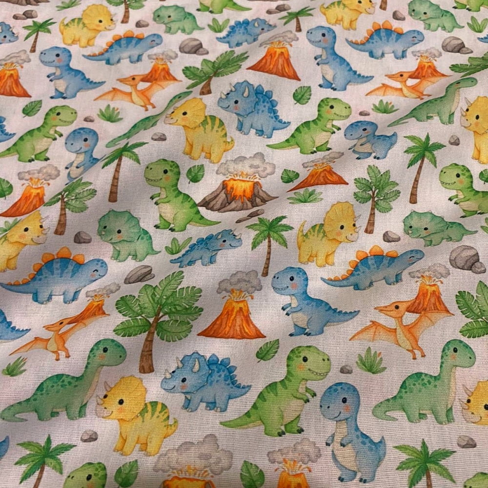 Tecido Tricoline Bichinhos Dinossauros Fofos Fundo Branco