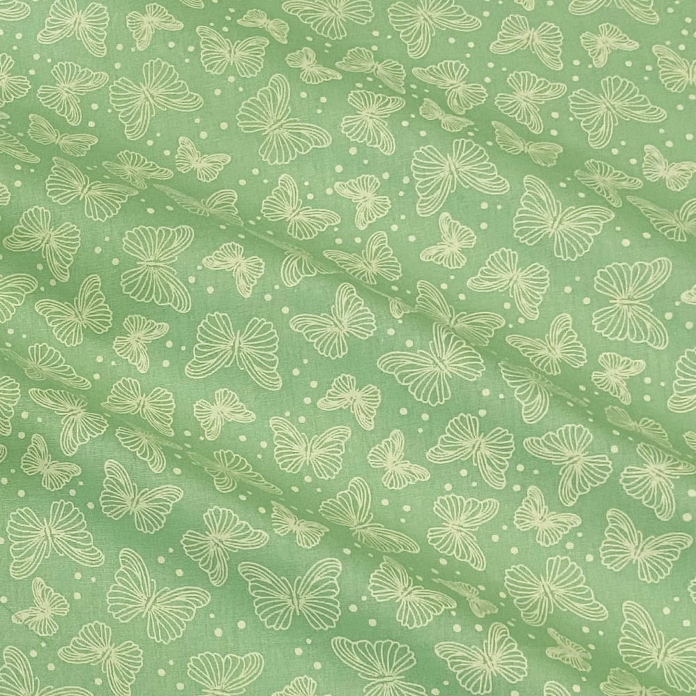 Tecido Tricoline Borboletas Cru Fundo Verde Menta