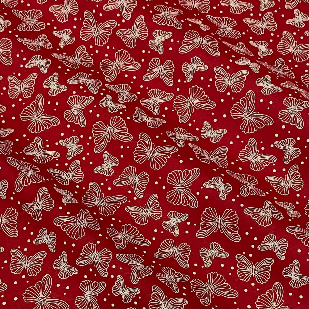 Tecido Tricoline Borboletas Cru Fundo Vermelho