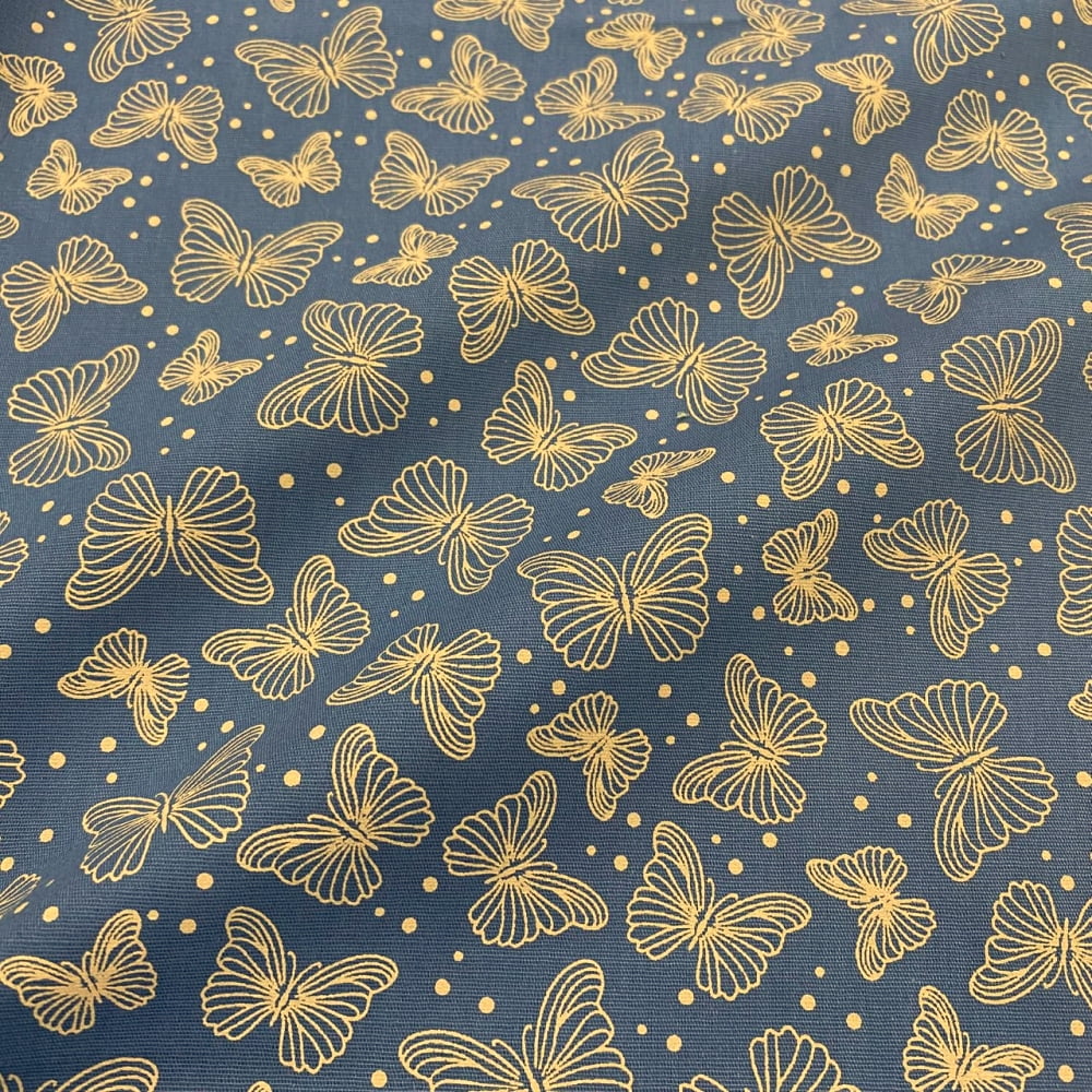 Tecido Tricoline Borboletas Fundo Azul Jeans
