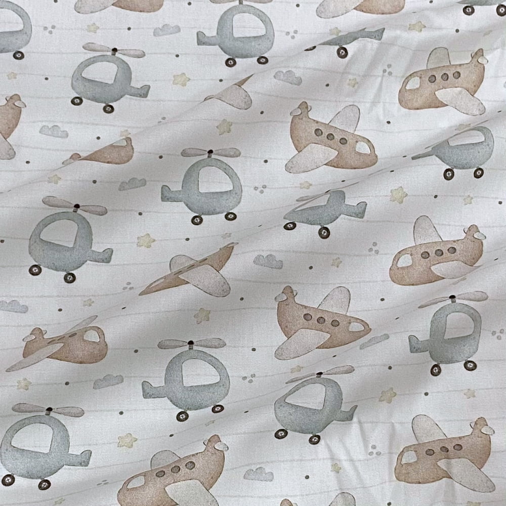 Tecido Tricoline Digital Avião e Helicoptero Aura Flow