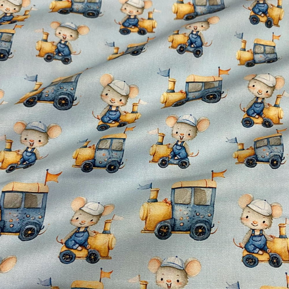 Tecido Tricoline Digital Bichinhos Aventuras do Ratinho no Trem