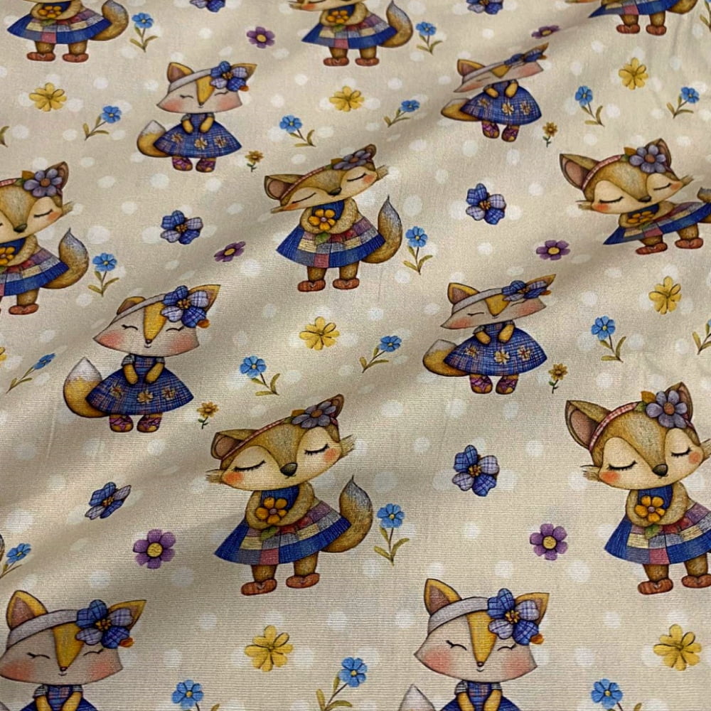 Tecido Tricoline Digital Bichinhos Raposinhas Coleção Bichinhos Blue Lavender