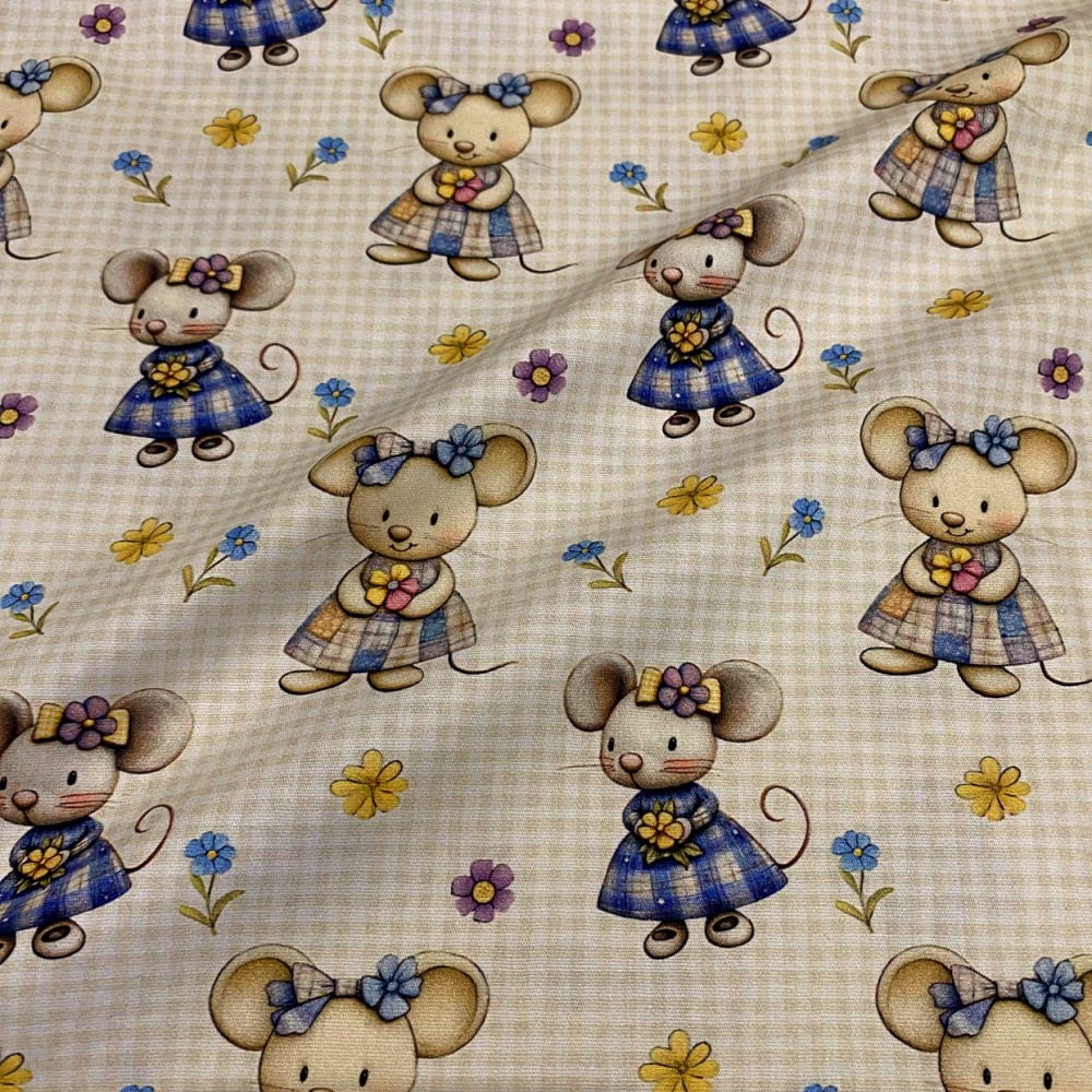 Tecido Tricoline Digital Bichinhos Ratinhas Coleção Bichinhos Blue Lavender