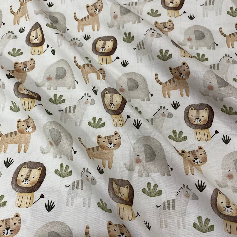 Tecido Tricoline Digital Bichinhos Safari Aura Flow