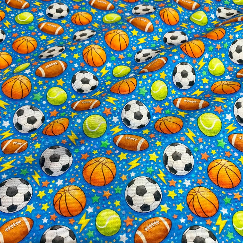 Tecido Tricoline Digital Bolas Futebol Americano Basquete Tenis Fundo Azul