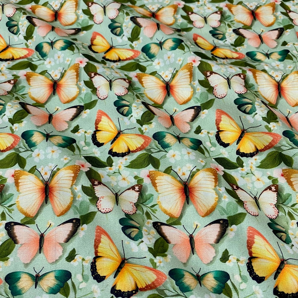 Tecido Tricoline Digital Borboletas Coloridas Fundo Verde Bela Flora