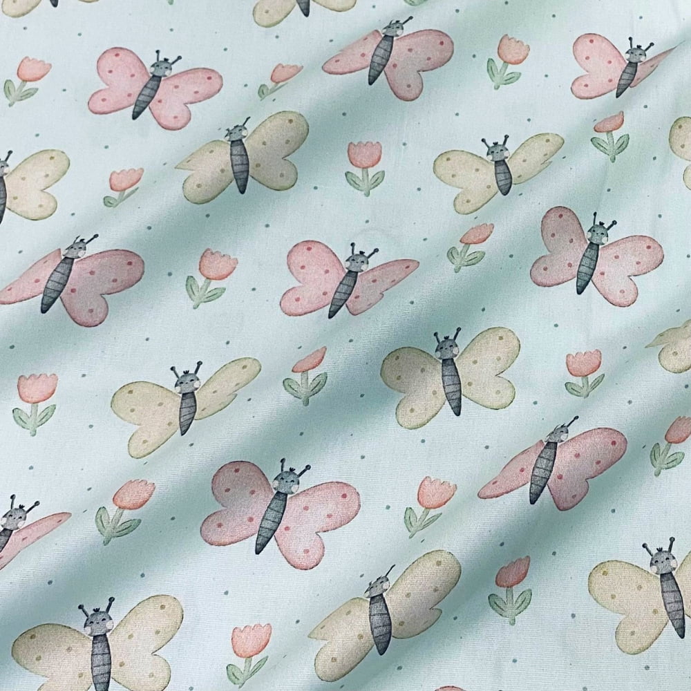 Tecido Tricoline Digital Borboletas e Tulipas Aura Flow