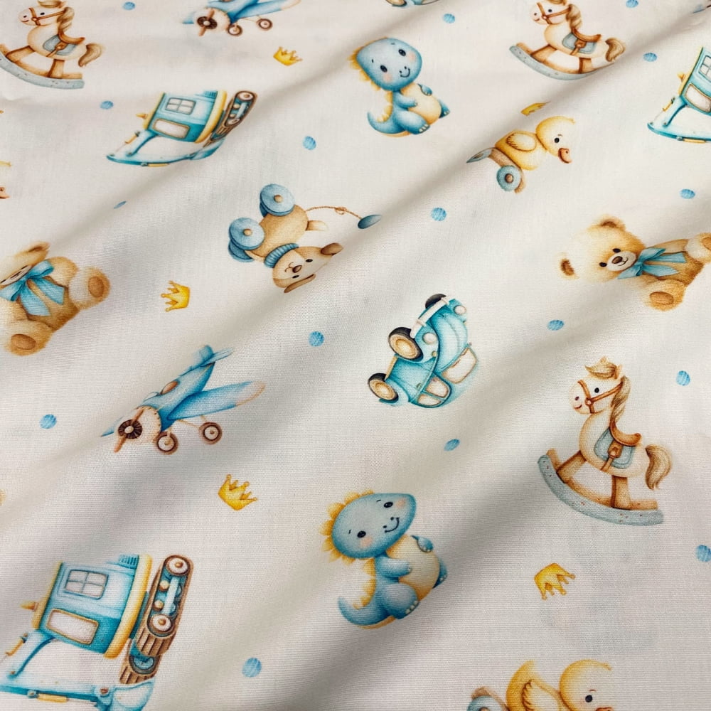 Tecido Tricoline Digital Brinquedos e Bichinhos Baby Azul Fundo Branco