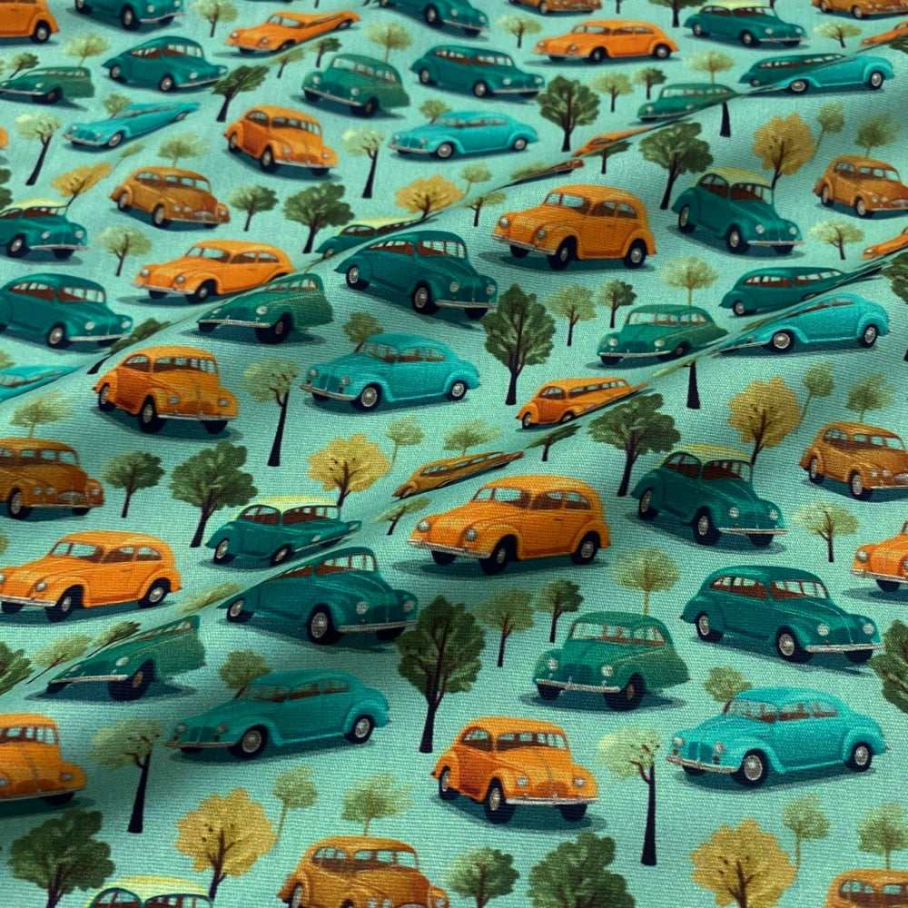 Tecido Tricoline Digital Carros e Arvores Coleção Old Car  