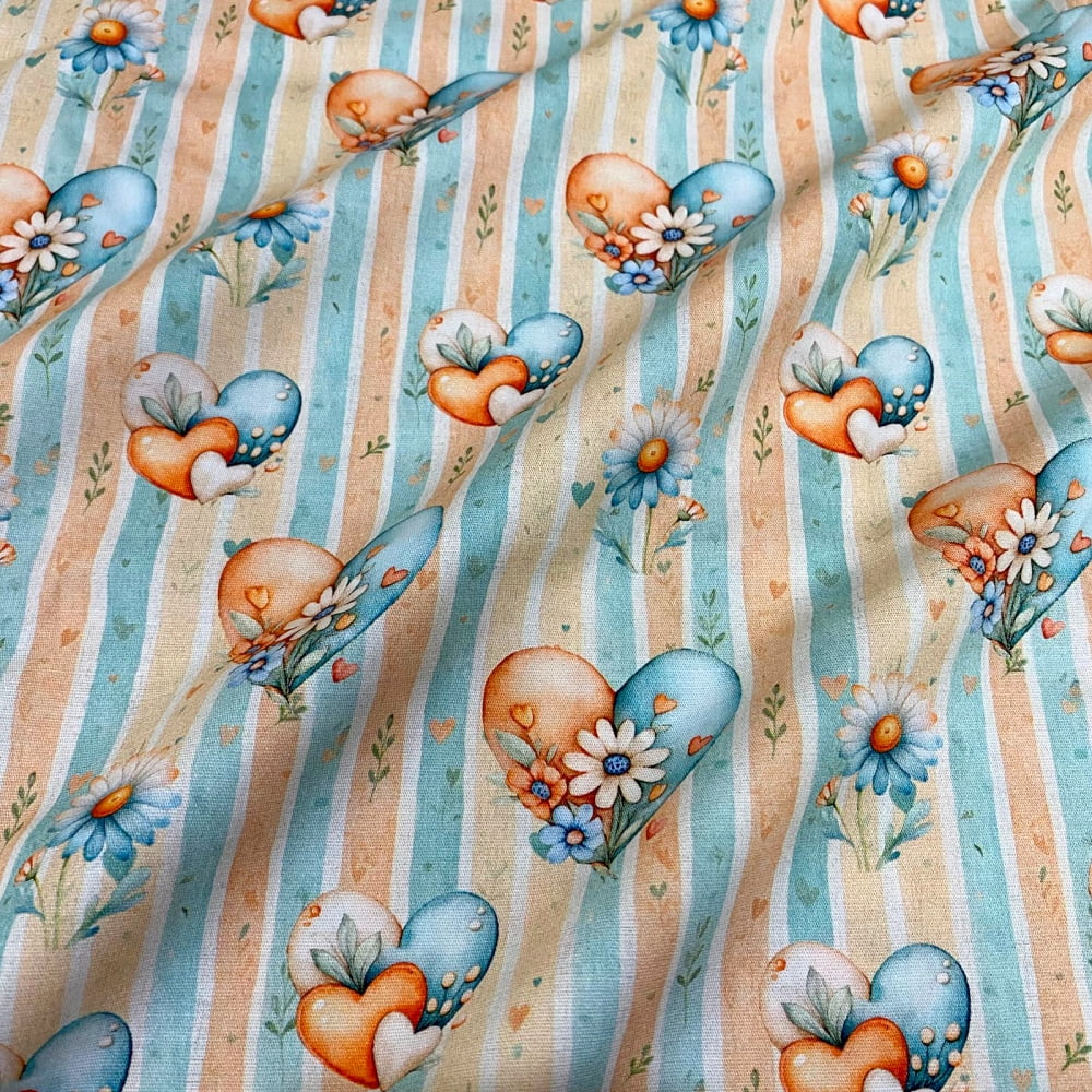 Tecido Tricoline Digital Corações e Flores Fundo Listra Azul Laranja (Baby Bears)