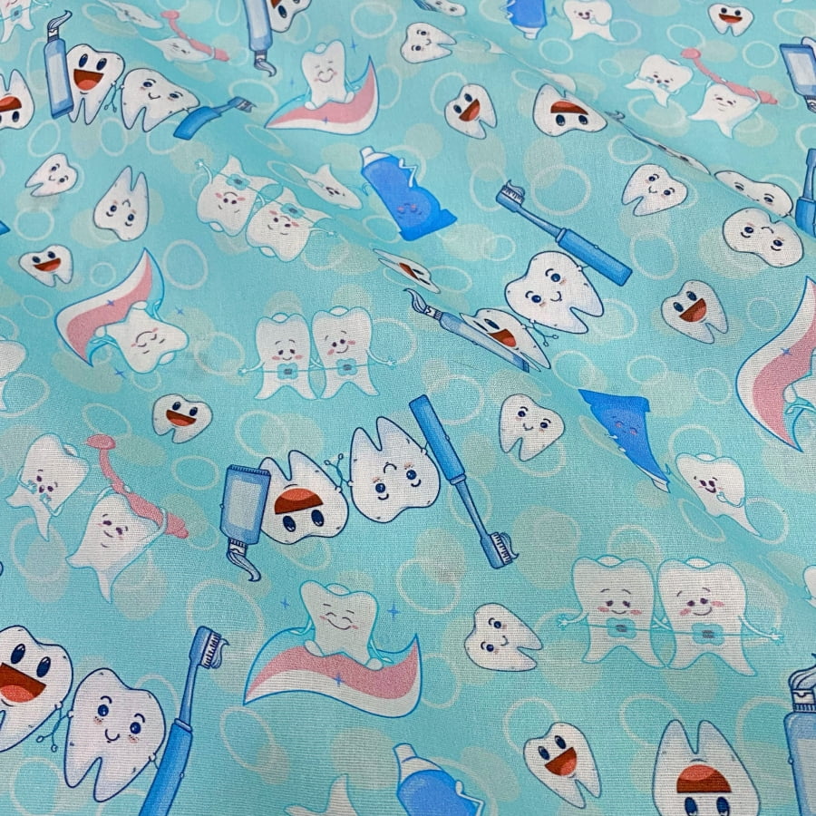 Tecido Tricoline Digital Dentinhos e Escovas Fundo Azul Tiffany