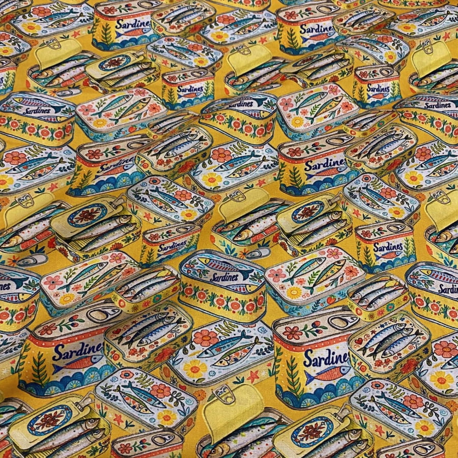 Tecido Tricoline Digital Latas de Sardinha Amarela Coleção Sardinhas 