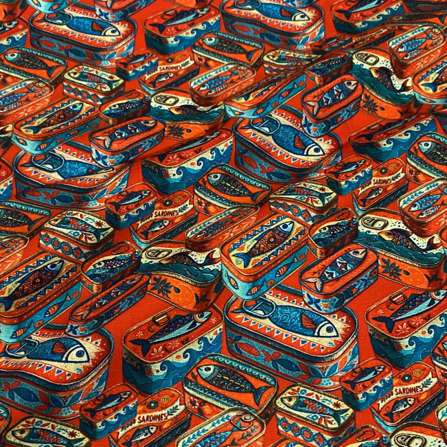 Tecido Tricoline Digital Latas de Sardinha Vermelha Coleção Sardinhas