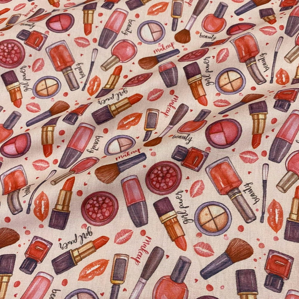 Tecido Tricoline Digital Maquiagens Diversas Fundo Rosa