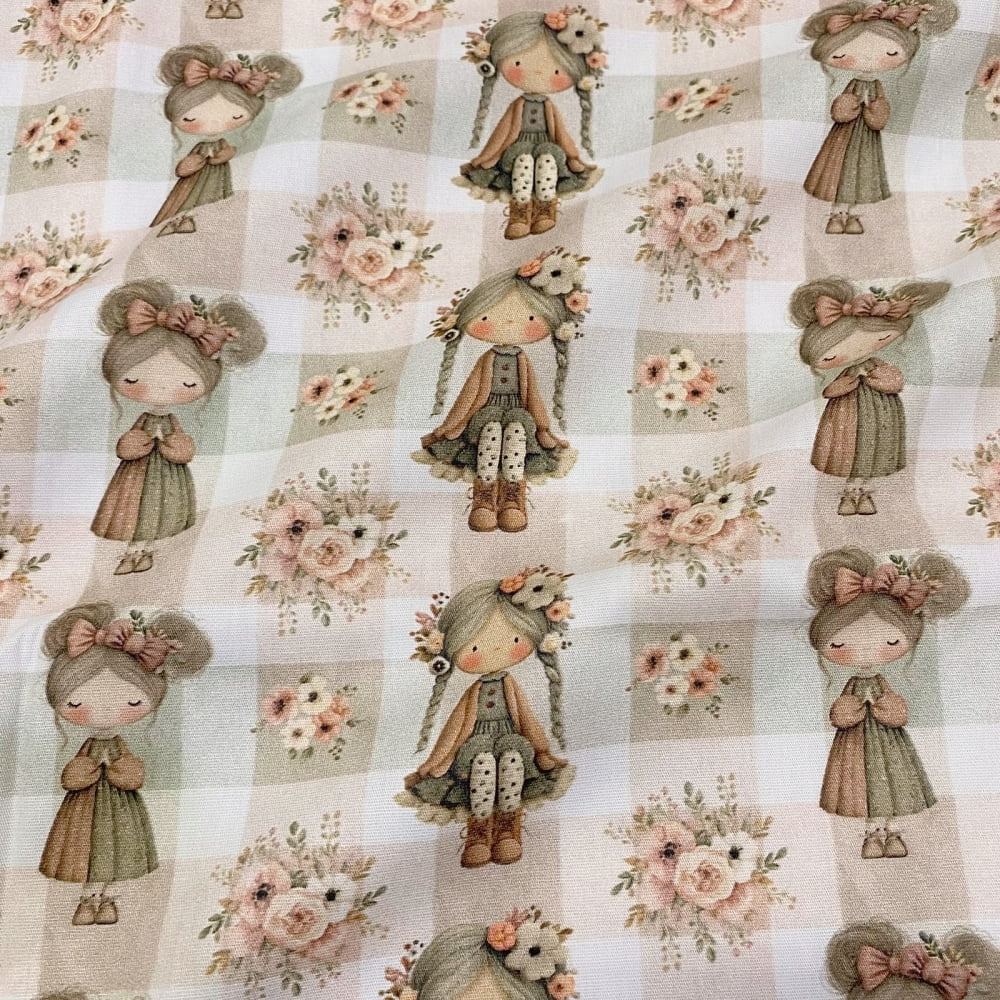 Tecido Tricoline Digital Meninas e Flores Xadrez (Cookies Girls)