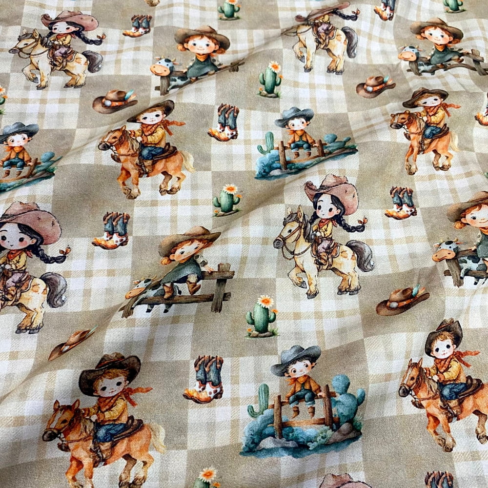 Tecido Tricoline Digital Meninas e Meninos Cowboy Cavalos (Cute Western)