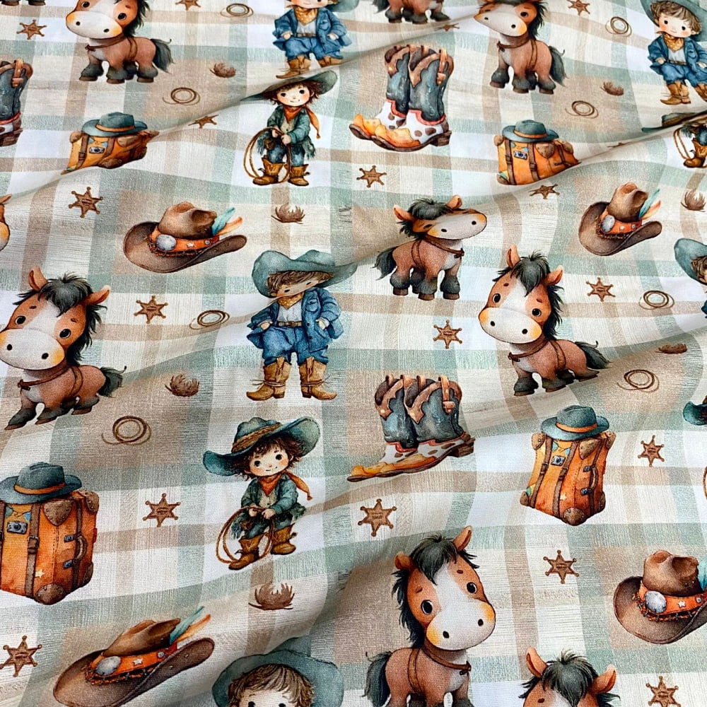 Tecido Tricoline Digital Meninos Cowboy Cavalos (Cute Western)