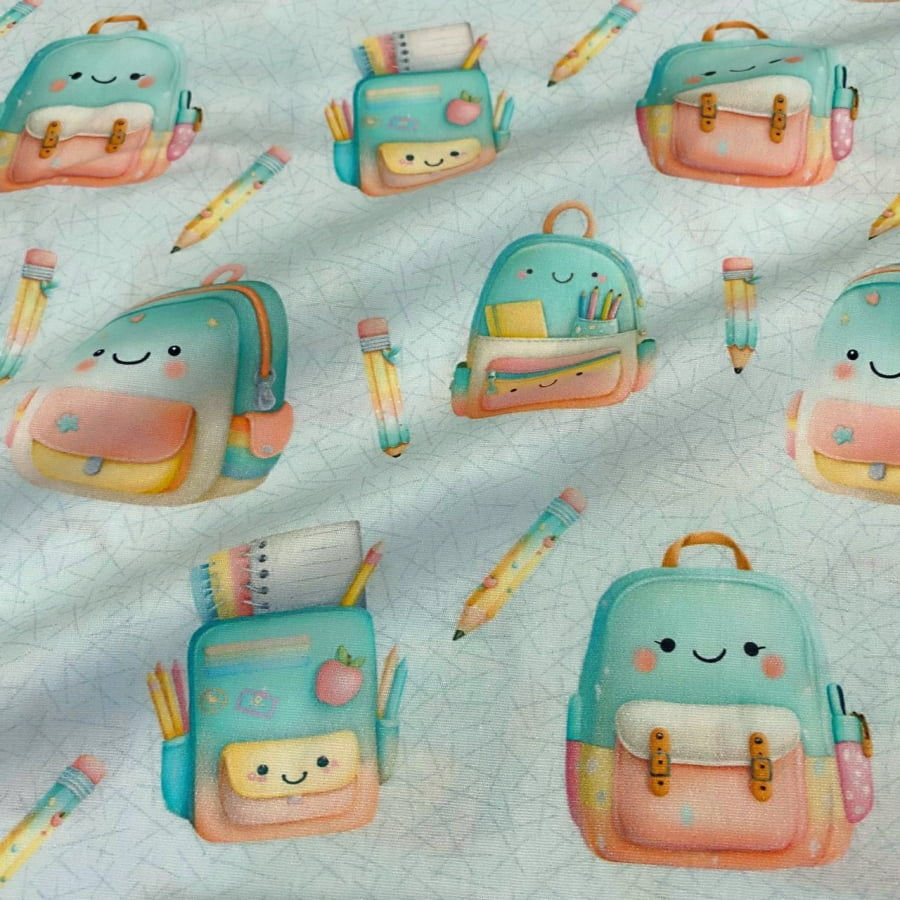 Tecido Tricoline Digital Mochilas Coleção Volta às Aulas