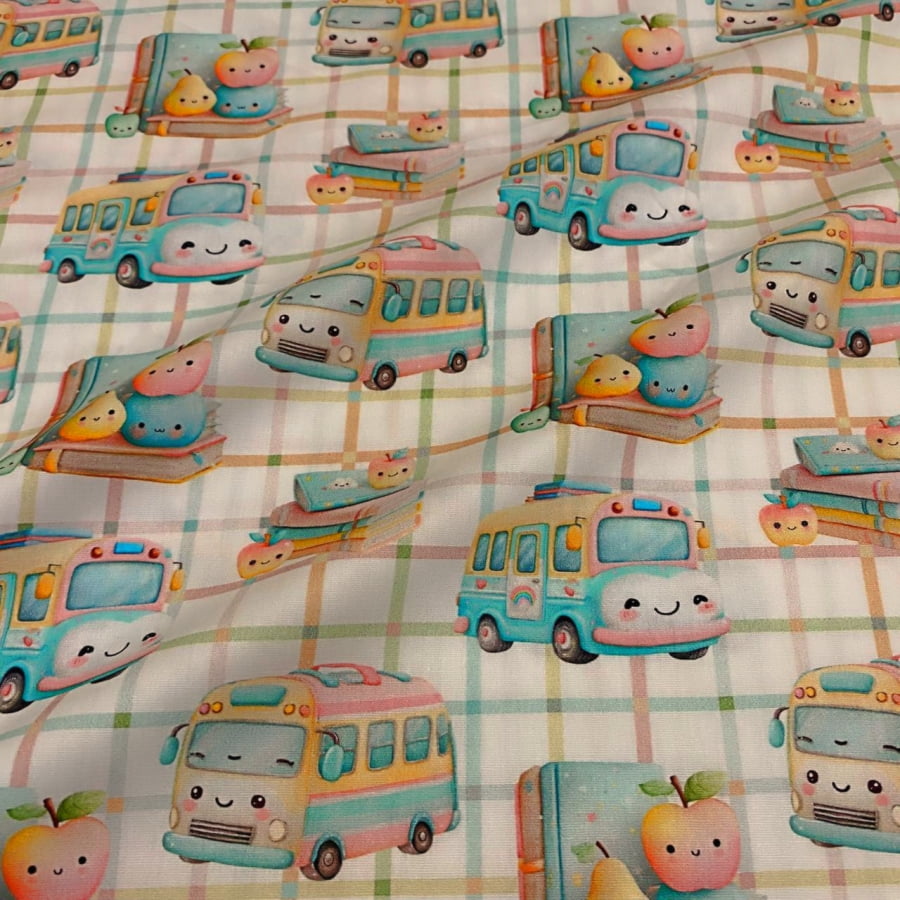 Tecido Tricoline Digital Ônibus Coleção Volta às Aulas