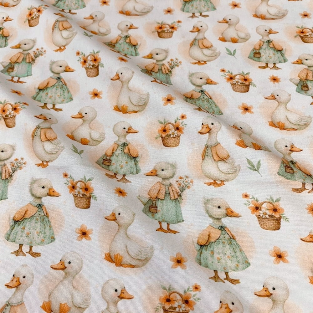 Tecido Tricoline Digital Patos Patinhos de Vestidos - Coleção Cute Orange