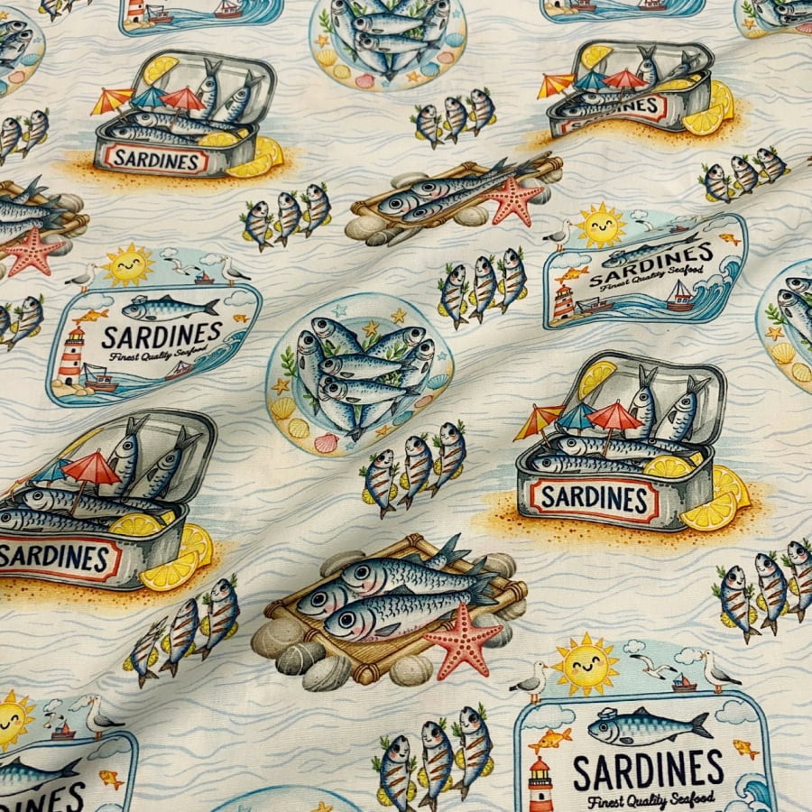 Tecido Tricoline Digital Sardinha em Ondas Coleção Sardinhas 