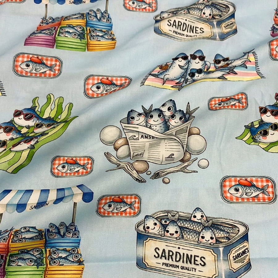 Tecido Tricoline Digital Sardinha no Verão Coleção Sardinhas  