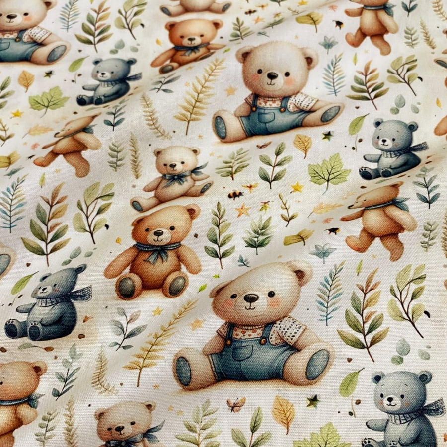 Tecido Tricoline Digital Ursinhos Dispersos Fundo Branco