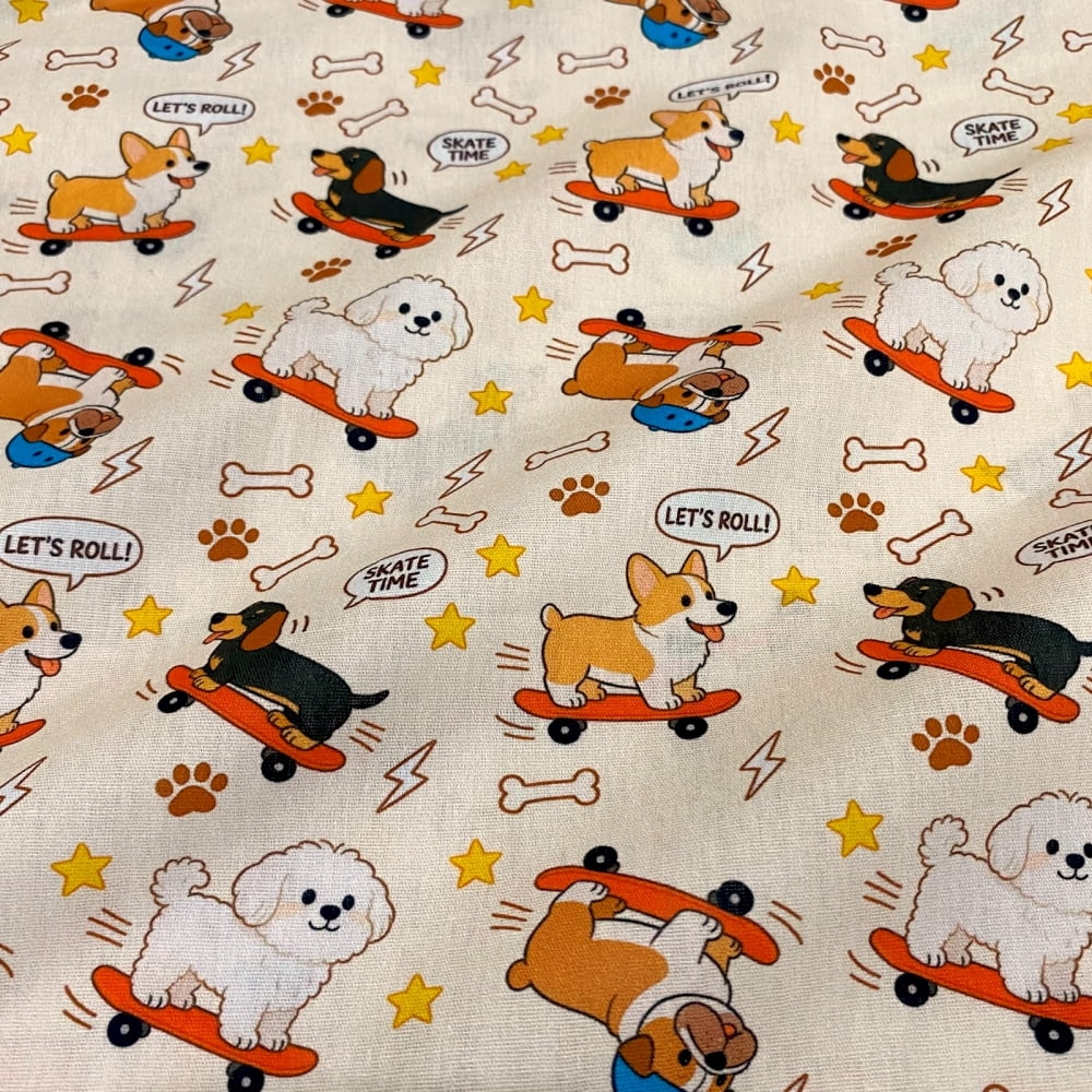 Tecido Tricoline Pets Cachorrinhos Skatistas Cachorro de Skate
