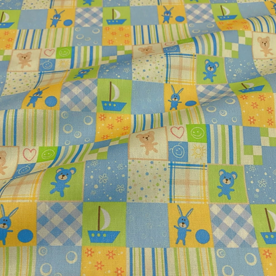 Tecido Tricoline Quadradinho Infantil Azul e Verde