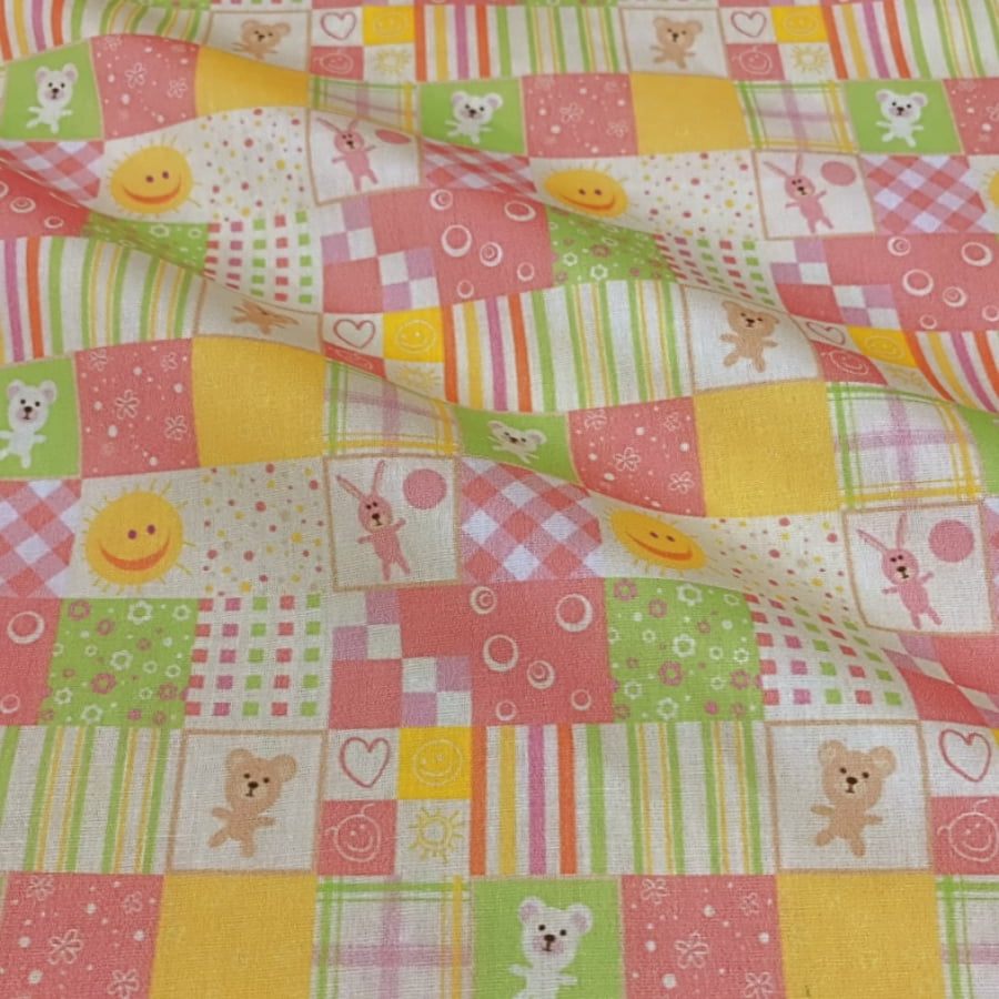 Tecido Tricoline Quadradinho Infantil Rosa e Verde