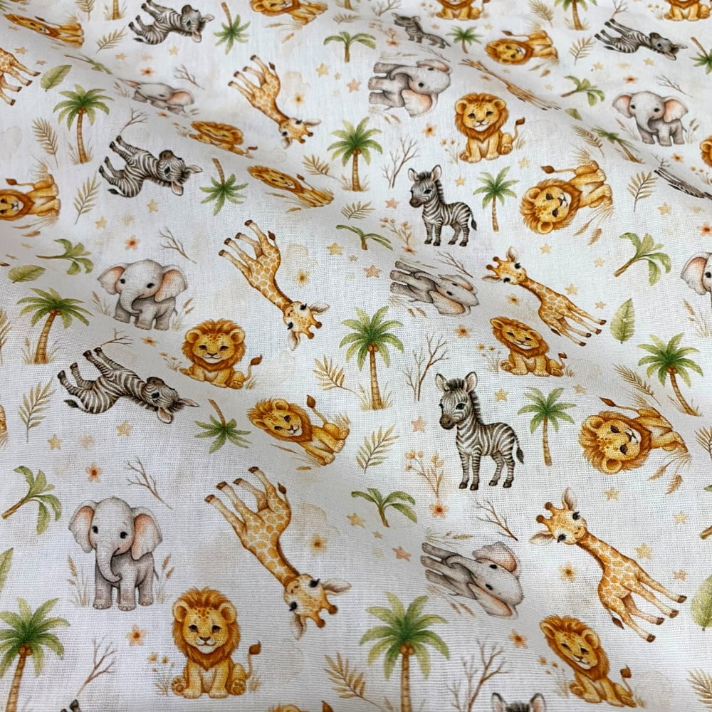 Tecido Tricoline Safari Leão Girafa Elefante Zebra Fundo Branco