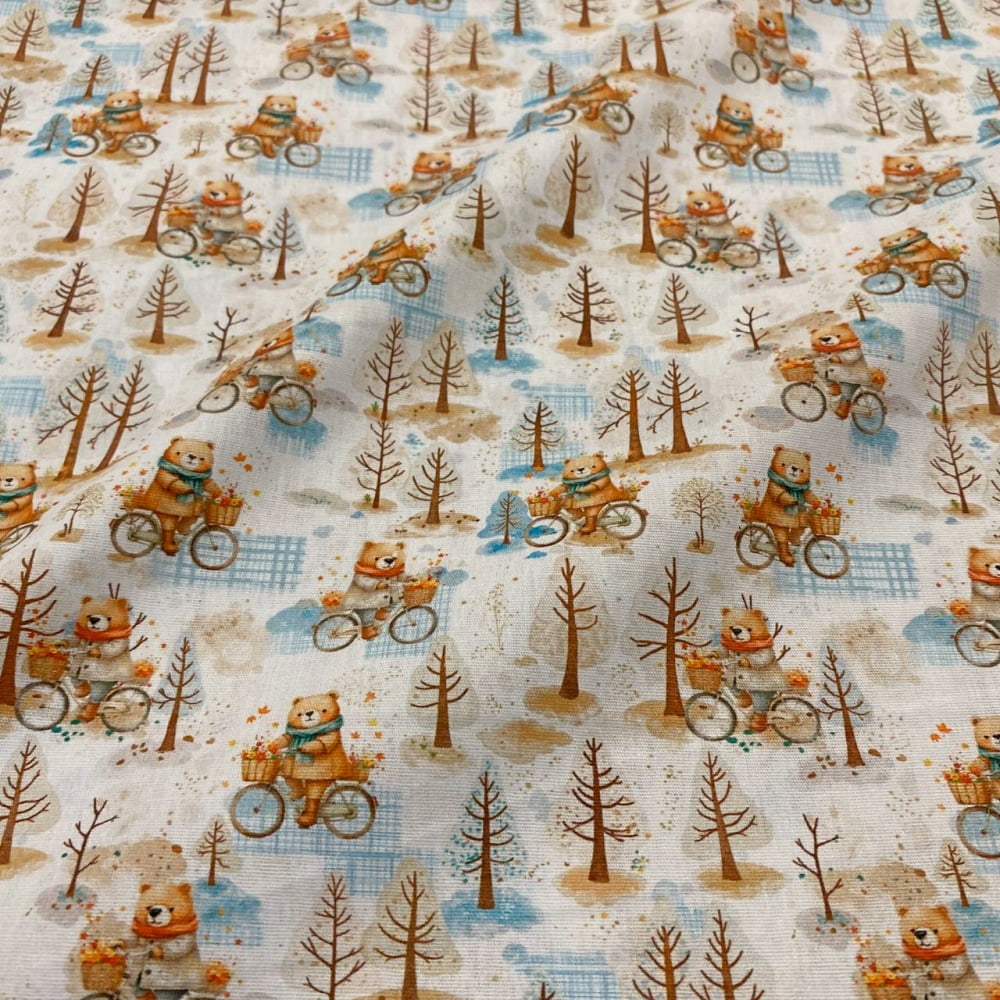 Tecido Tricoline Ursinhos Passeando de Bicicleta na Floresta Azul e Marrom
