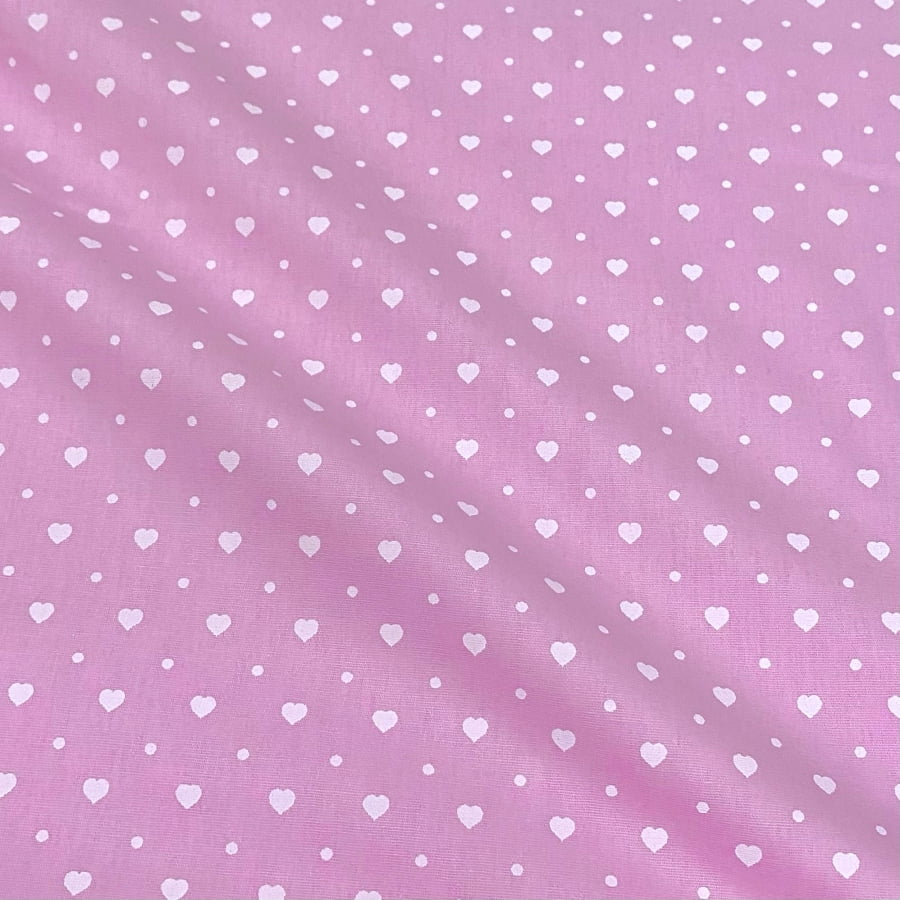Tecido Tricoline Corações Branco Fundo Rosa Bebe 