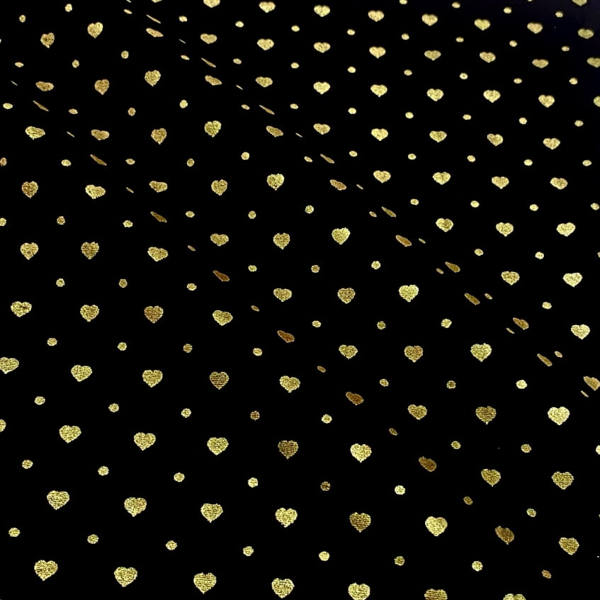 Tecido Tricoline Corações Dourado Fundo Preto