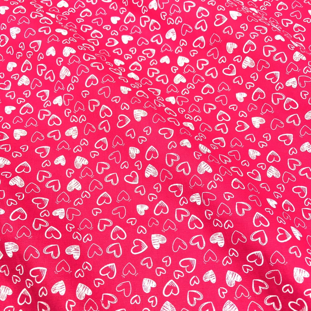 Tecido Tricoline Corações Rosa Pink