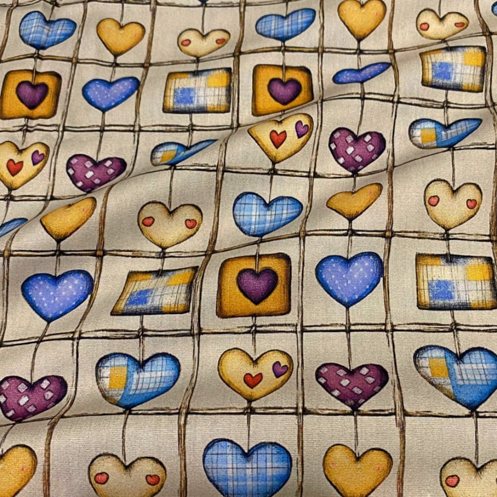 Tecido Tricoline Digital Corações e Quadradinhos Coleção Bichinhos Blue Lavender 