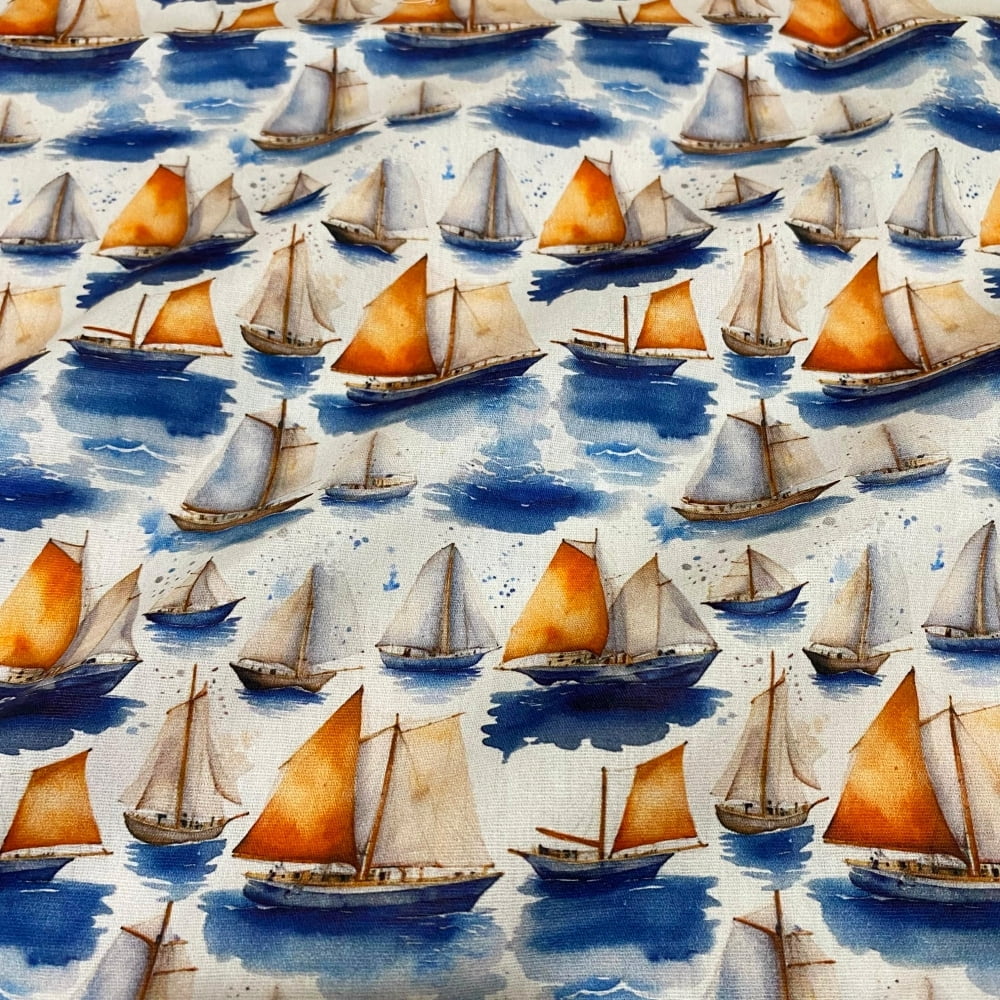 Tecido Tricoline Barcos no Mar Aquarela Fundo Off