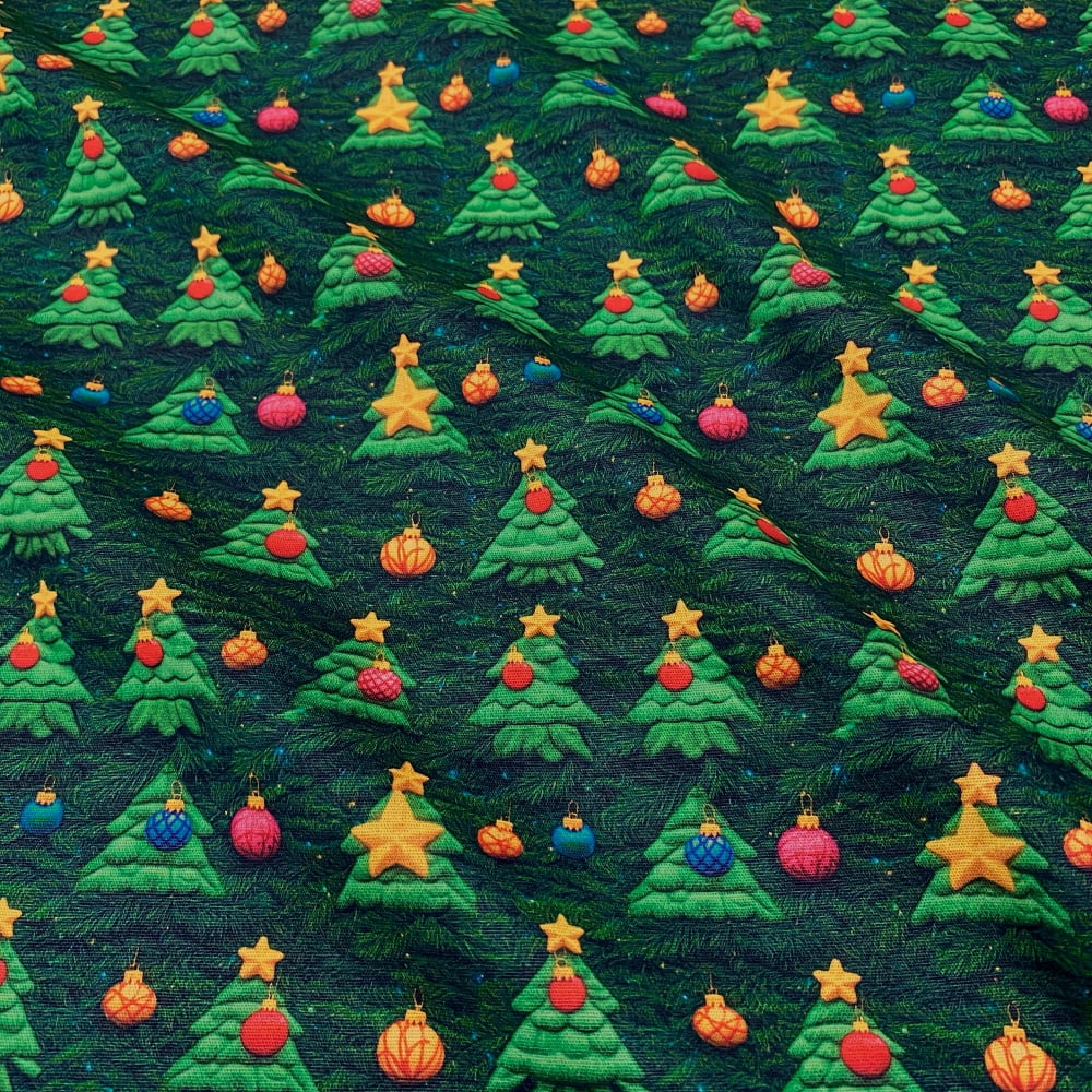 Tecido Tricoline Digital 3D Arvores de Natal Fundo Folhas Verde