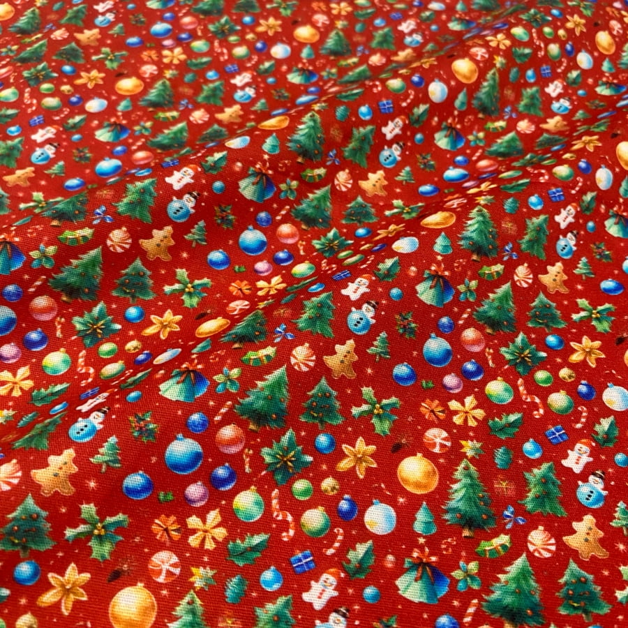 Tecido Tricoline Digital Artigos Natalinos Fundo Vermelho