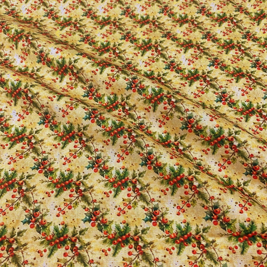 Tecido Tricoline Digital Azevinhos de Natal  Fundo Cru 
