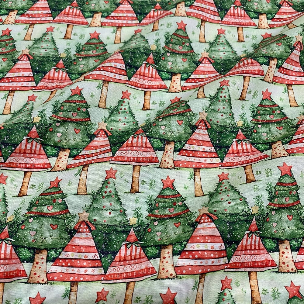 Tecido Tricoline Digital Floresta Arvores de Natal Vermelho Verde