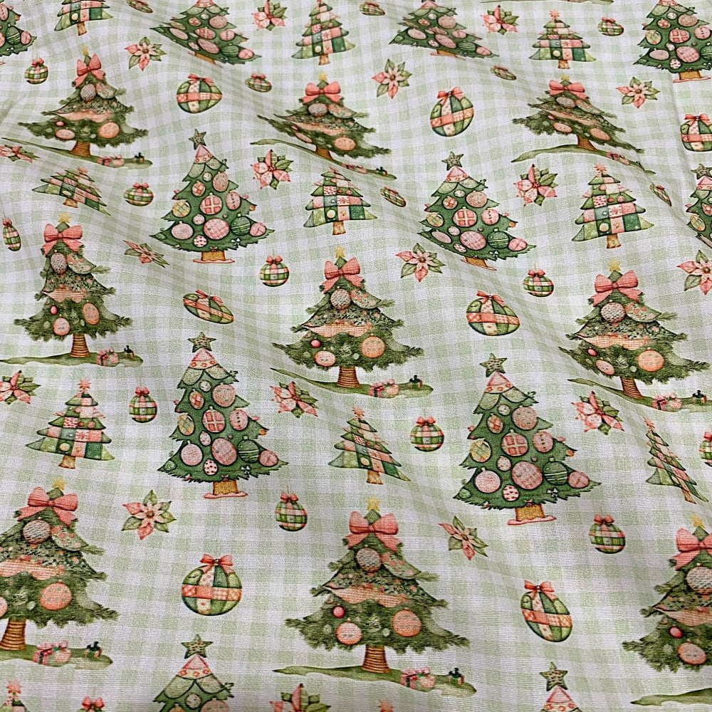Tecido Tricoline Digital Natal Arvores Decoração Rosa e Verde Fundo Xadrez
