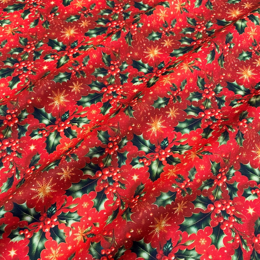 Tecido Tricoline Digital Natal Azevinhos e Brilhos Natalinos Fundo Vermelho