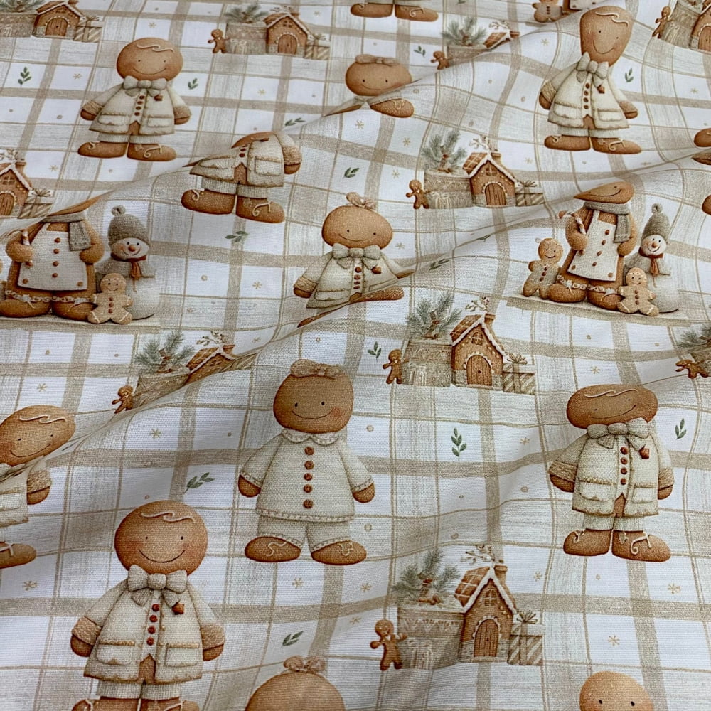 Tecido Tricoline Digital Natal Boho Neutro Familia Ginder Biscoitos