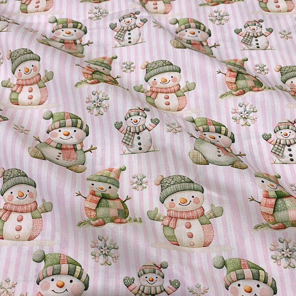 Tecido Tricoline Digital Natal Boneco de Neve Verde Rosa Fundo Listras