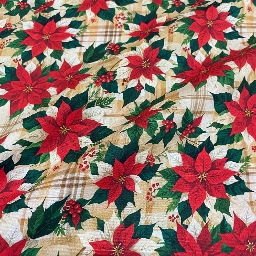 Tecido Tricoline Digital Natal Floral Bico de Papagaio Fundo Xadrez Bege