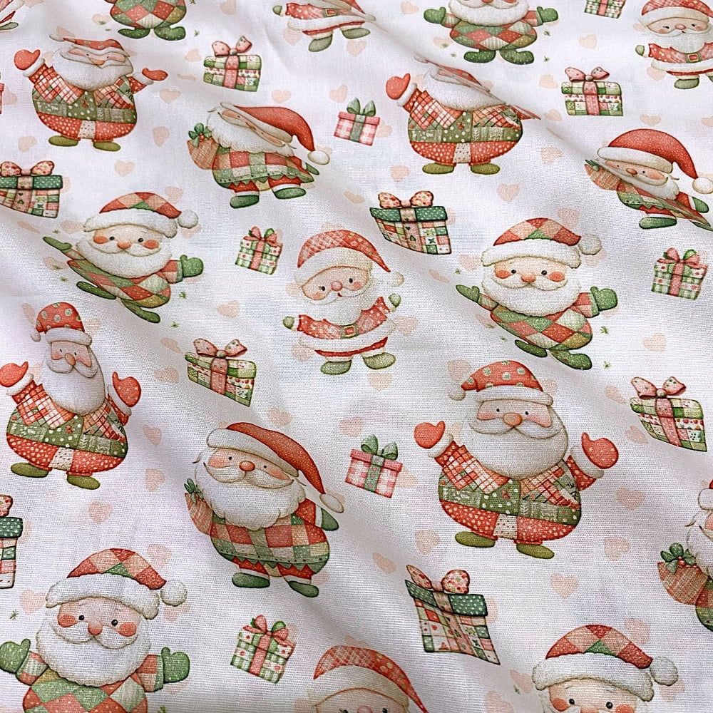 Tecido Tricoline Digital Natal Papai Noel Vermelho Rosa Verde