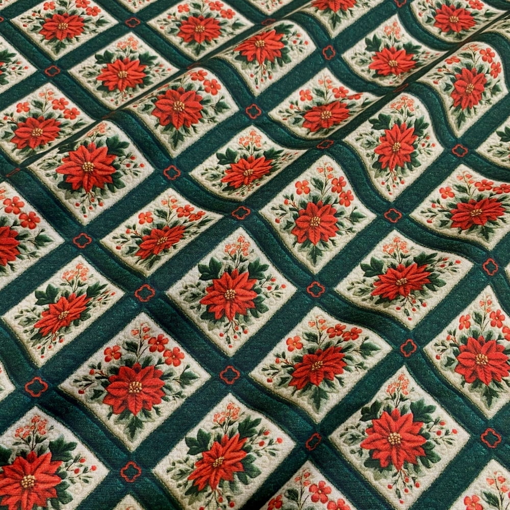 Tecido Tricoline Digital Natal Quilt Quadrados Flores