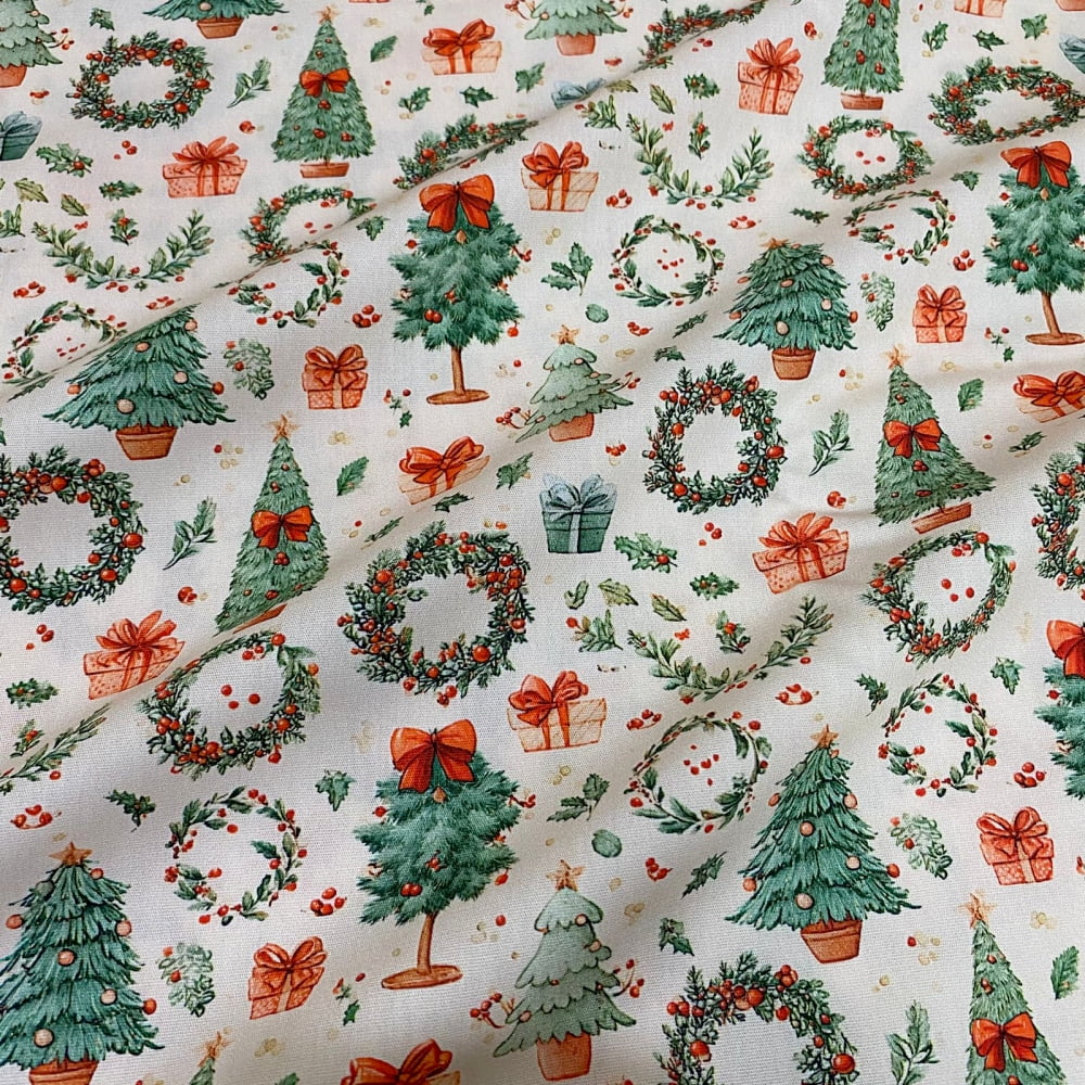 Tecido Tricoline Digital Natal Retro Arvores Guirlandas e Presentes